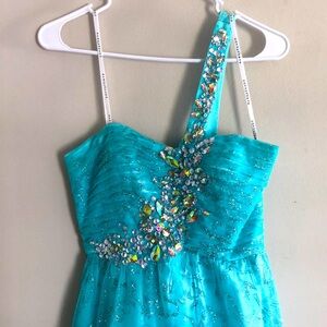 One shoulder blue sparkling ball gown